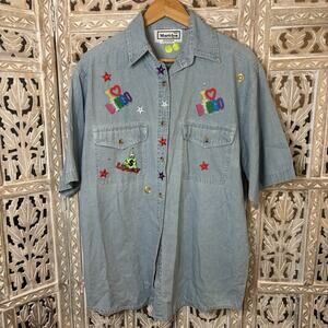 Vintage Mari-Lyn I Love Bingo Lucky Embroidered Embellished Chambray Button Up